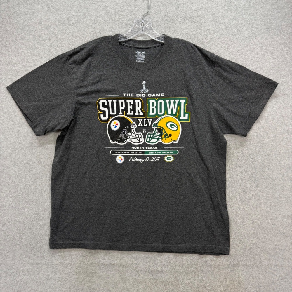 Super‎ Bowl XLV T-Shirt Mens 2XL Gray Steelers Packers 2011 Graphic Tee Reebok